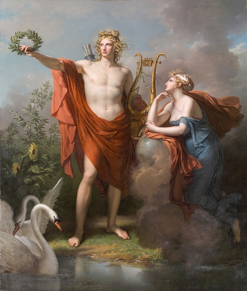 Apollo, God of Light, Eloquence, Poetry and the Fine Arts with Urania, Muse of Astronomy art print by Charles Meynier for $57.95 CAD