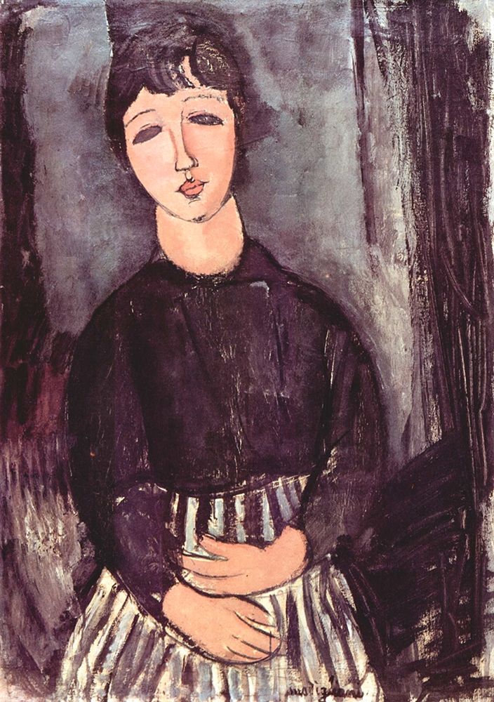 Seated girl in striped skirt art print by Amedeo Modigliani for $57.95 CAD