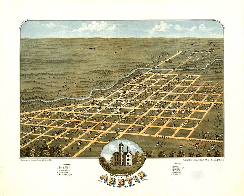 Birds eye view of Austin-Mower County-Minnesota 1870 art print by Vintage Maps for $57.95 CAD