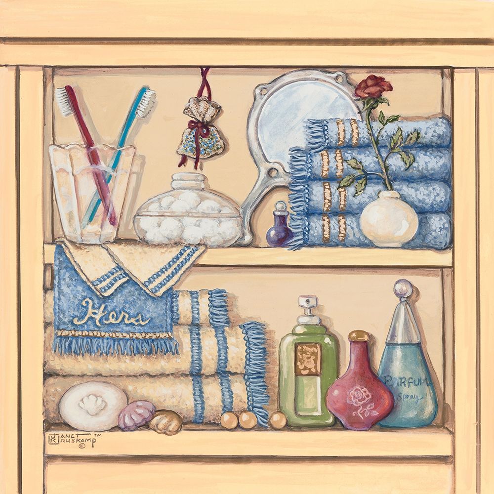 Hers Bathroom Shelf art print by Janet Kruskamp for $57.95 CAD