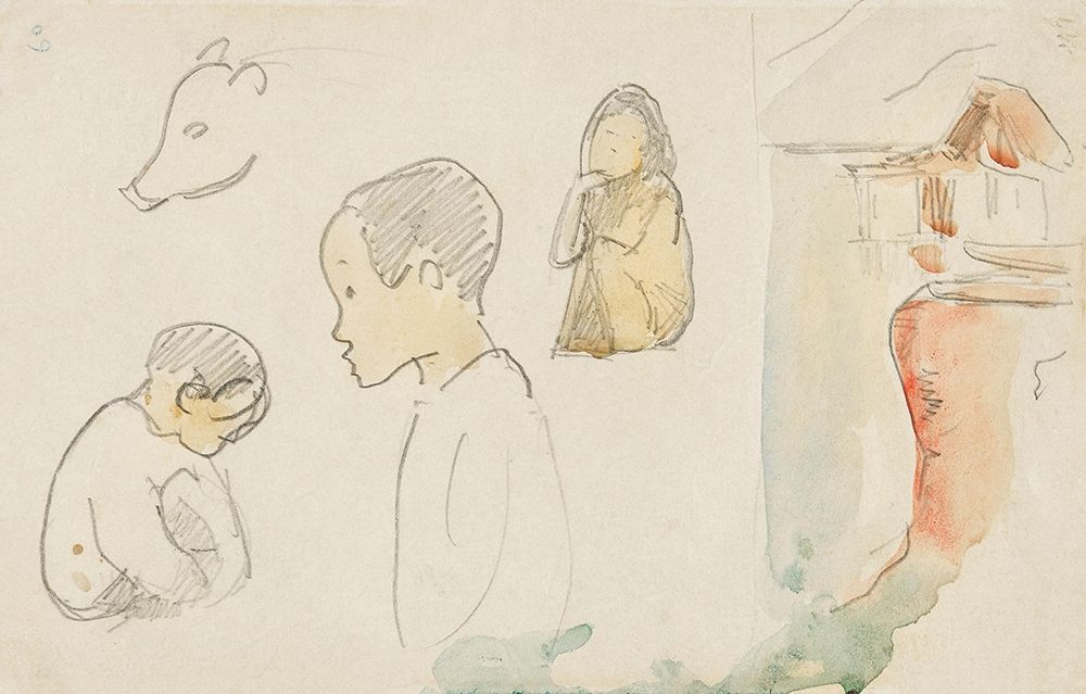 Sketches of Crouching and Standing Figures, a Pig, and a Hut at Water?s Edge art print by Paul Gauguin for $57.95 CAD