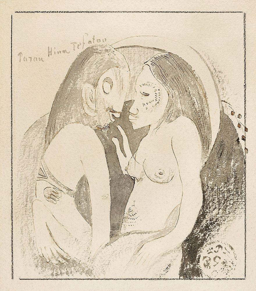 Words between Goddess of the Moon and God of the Earth (Parau Hina Tefatou) art print by Paul Gauguin for $57.95 CAD