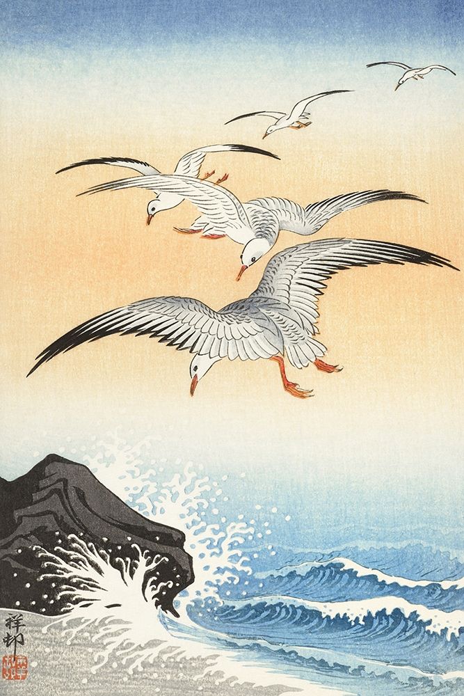 Five seagulls above turbulent sea art print by Ohara Koson for $57.95 CAD