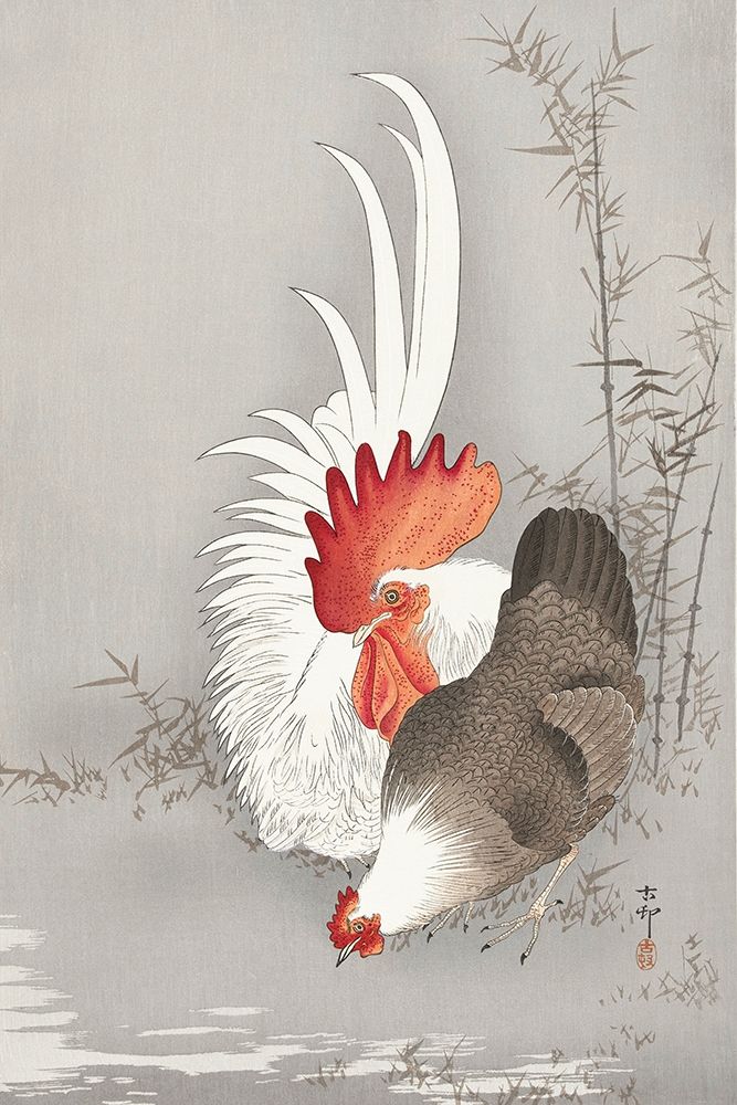 Rooster and chicken art print by Ohara Koson for $57.95 CAD