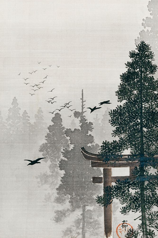 Flock of birds and a torii gate in a pine tree forest art print by Ohara Koson for $57.95 CAD
