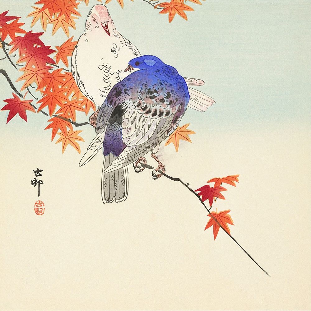 Two pigeons on autumn branch art print by Ohara Koson for $57.95 CAD