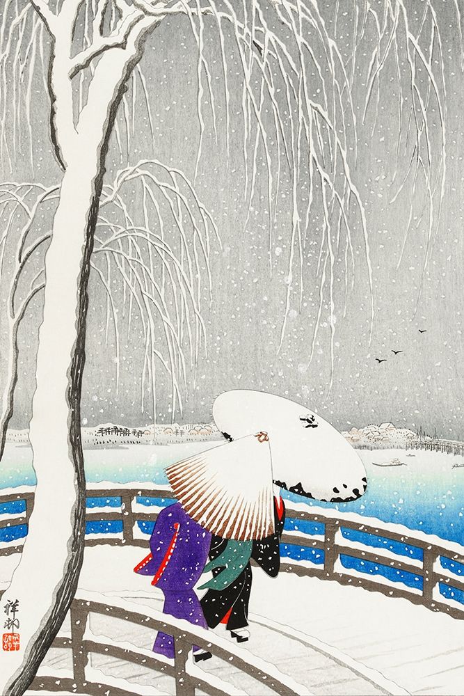 Two women in the snow on Yanagi Bridge art print by Ohara Koson for $57.95 CAD