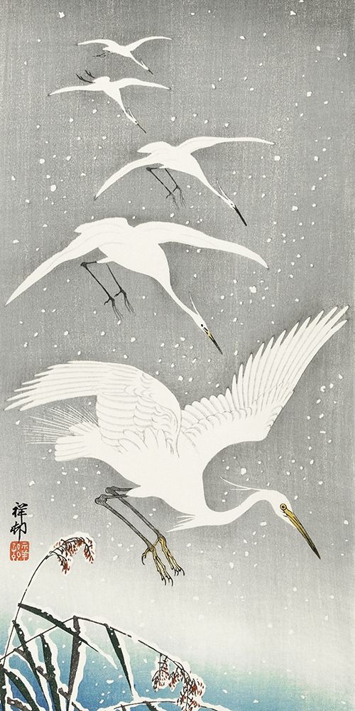 Descending egrets in snow art print by Ohara Koson for $57.95 CAD
