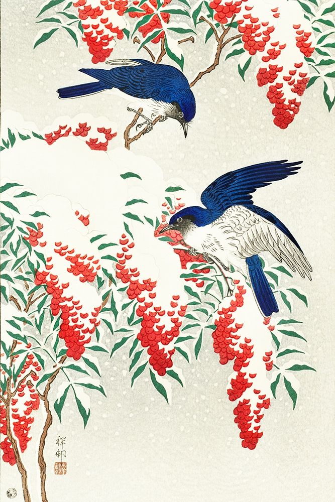 Flycatchers on a nandina bush art print by Ohara Koson for $57.95 CAD