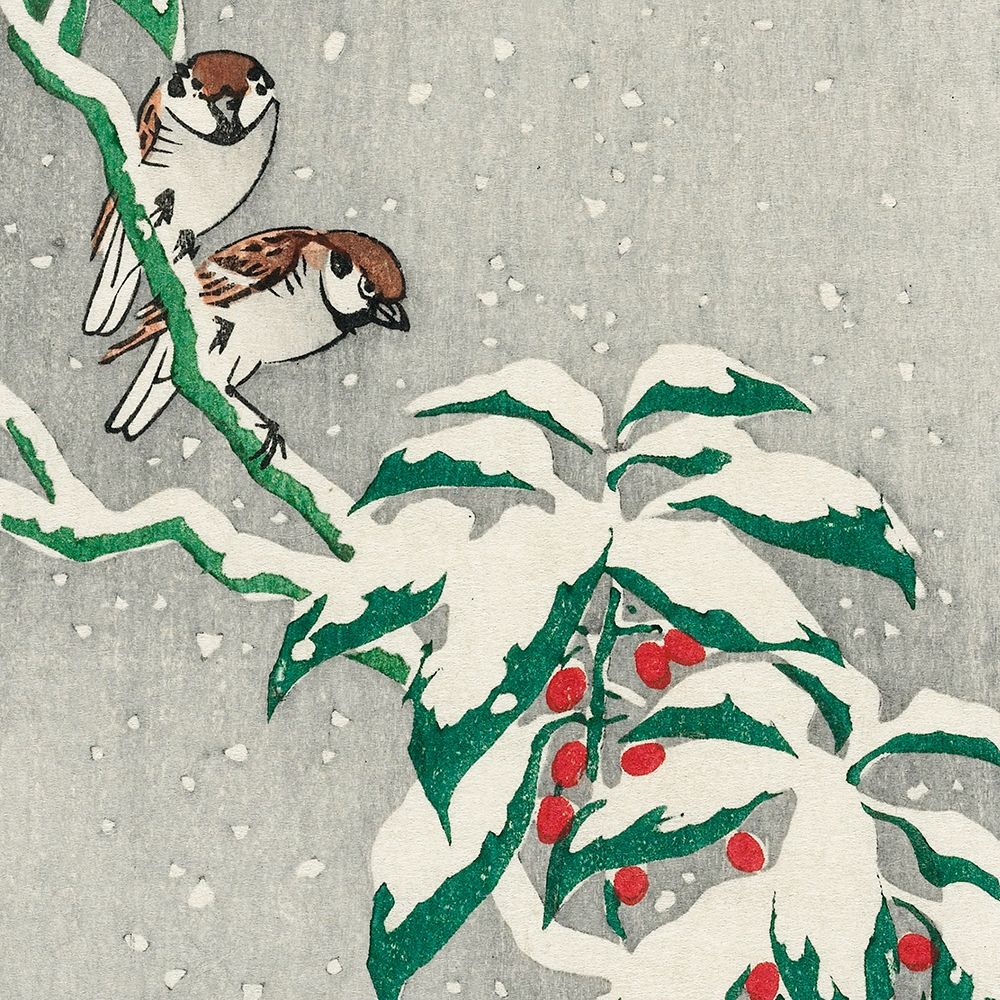 Sparrows on snowy berry bush art print by Ohara Koson for $57.95 CAD
