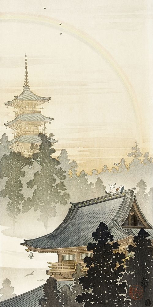 Pagoda and rainbow art print by Ohara Koson for $57.95 CAD
