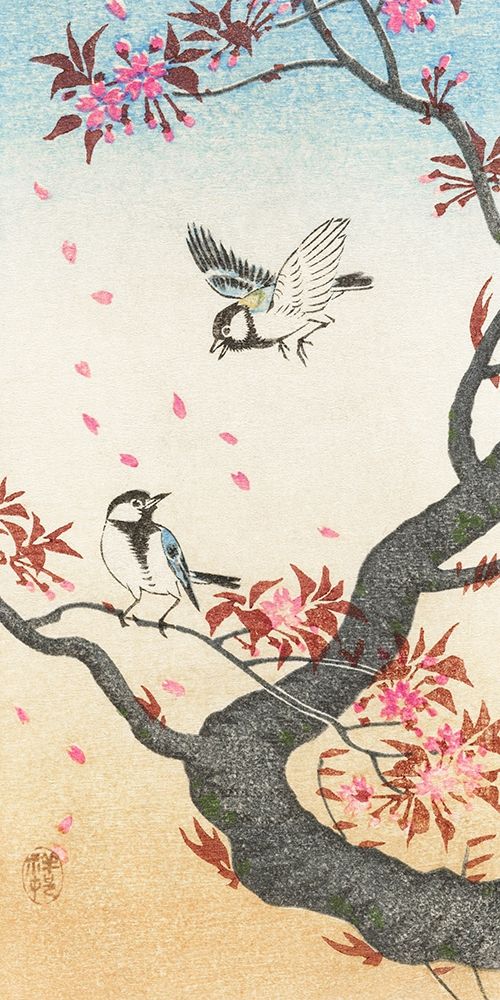 Two great tits at blossoming tree art print by Ohara Koson for $57.95 CAD