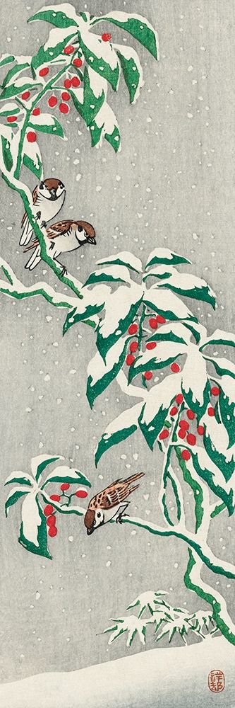 Sparrows on snowy berry bush art print by Ohara Koson for $57.95 CAD