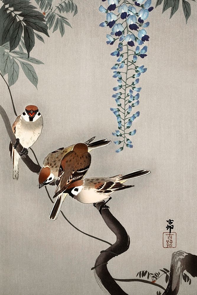 Ring sparrows at wisteria art print by Ohara Koson for $57.95 CAD