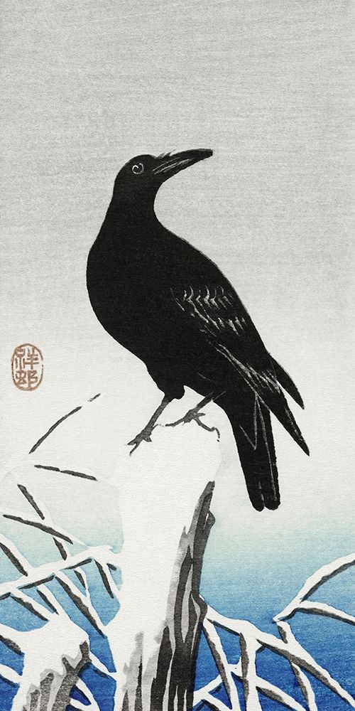 Crow on snowy pole art print by Ohara Koson for $57.95 CAD