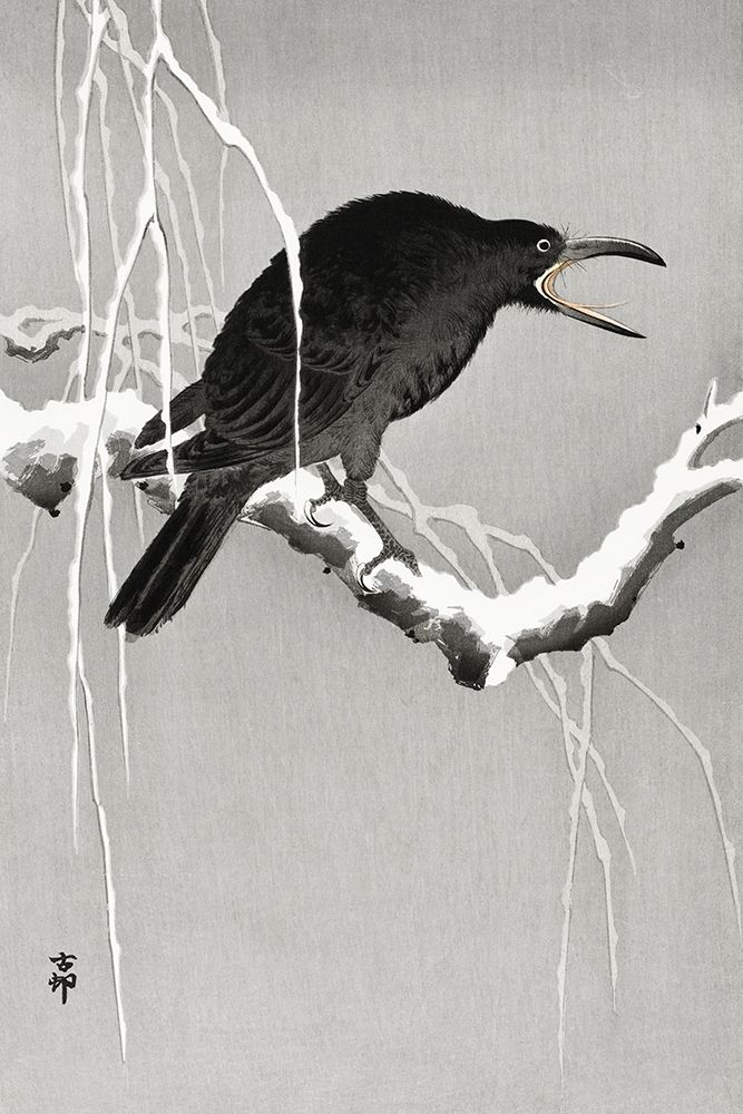 Crow on snowy tree branch art print by Ohara Koson for $57.95 CAD