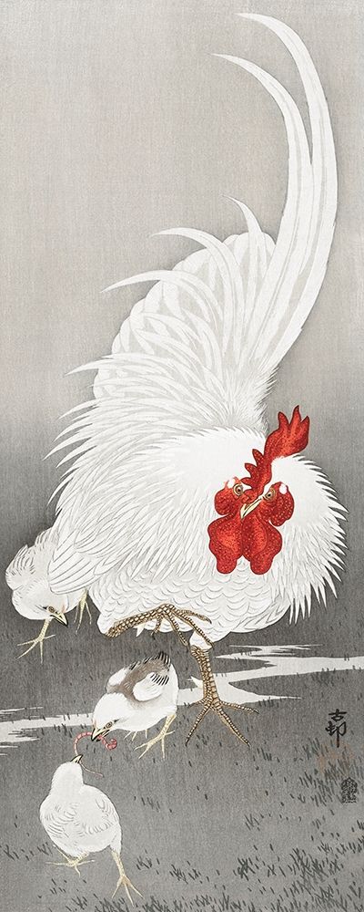 Rooster and three chicks art print by Ohara Koson for $57.95 CAD