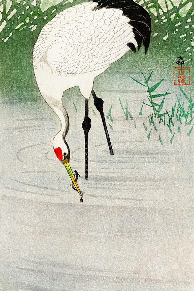 Fishing crane in shallow water art print by Ohara Koson for $57.95 CAD