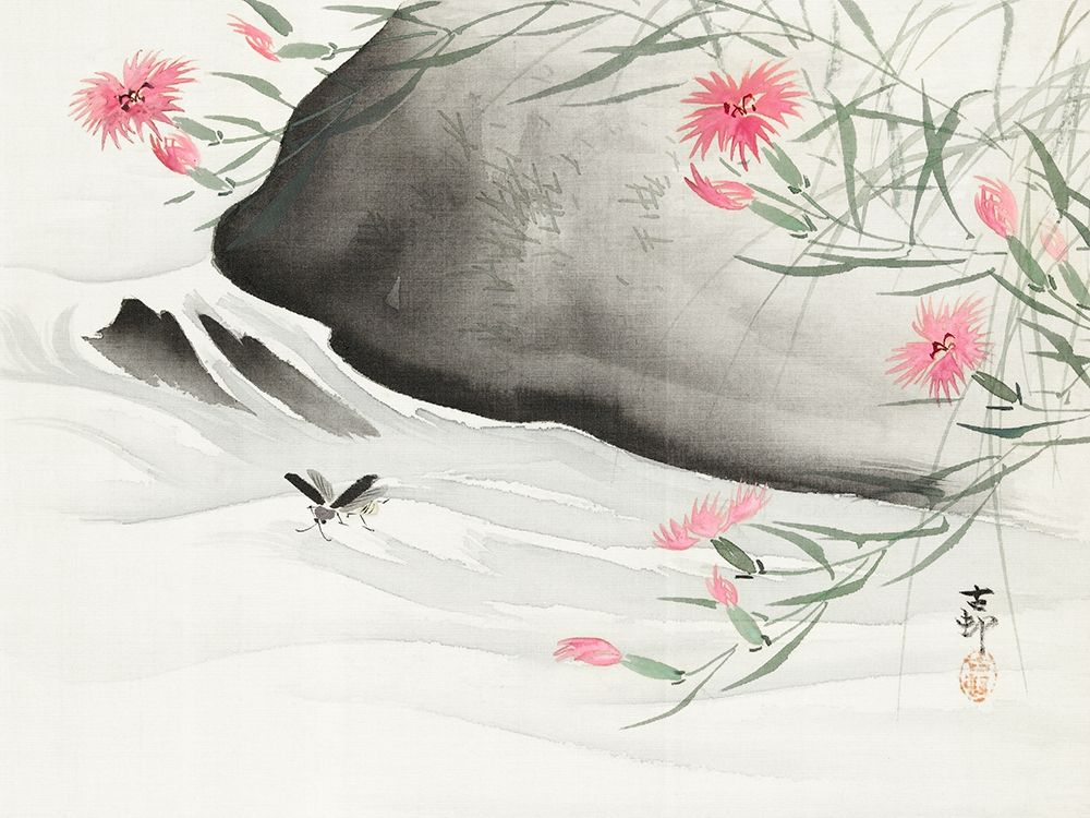 Plants with pink flowers by the river art print by Ohara Koson for $57.95 CAD