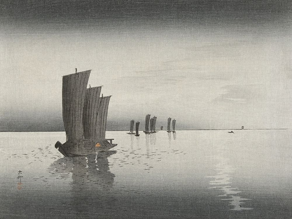 Fishing boats at dusk art print by Ohara Koson for $57.95 CAD