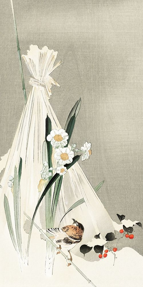 A bird with narcissus flowers and a hay bundle art print by Ohara Koson for $57.95 CAD