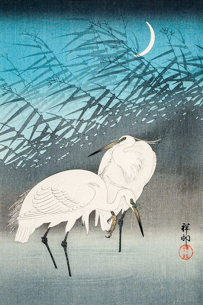 Egrets and Reeds in Moonlight art print by Ohara Koson for $57.95 CAD