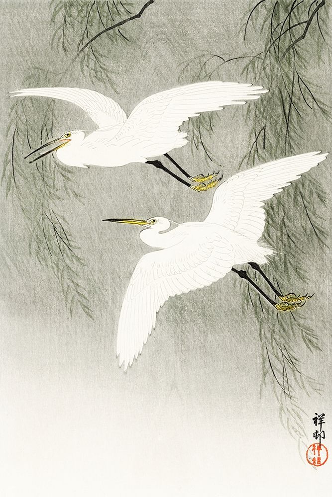 Little Egrets in flight art print by Ohara Koson for $57.95 CAD