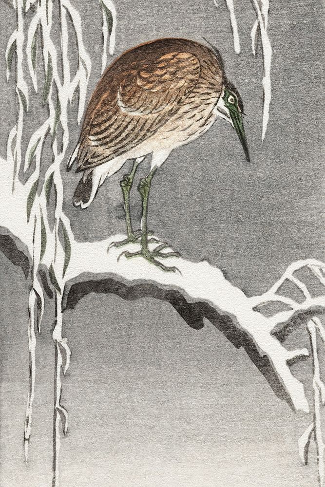Heron on snowy tree branch art print by Ohara Koson for $57.95 CAD