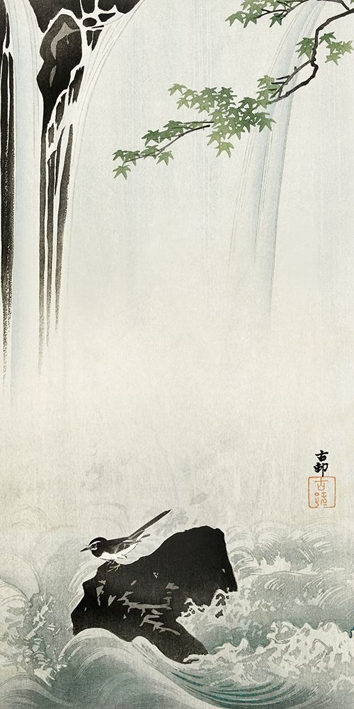 Japanese wagtail at waterfall art print by Ohara Koson for $57.95 CAD