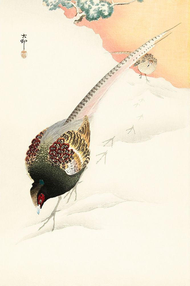 Pheasant couple in the snow art print by Ohara Koson for $57.95 CAD