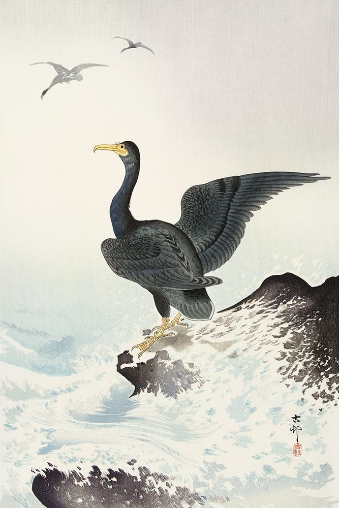 Red mask cormorant on rock art print by Ohara Koson for $57.95 CAD