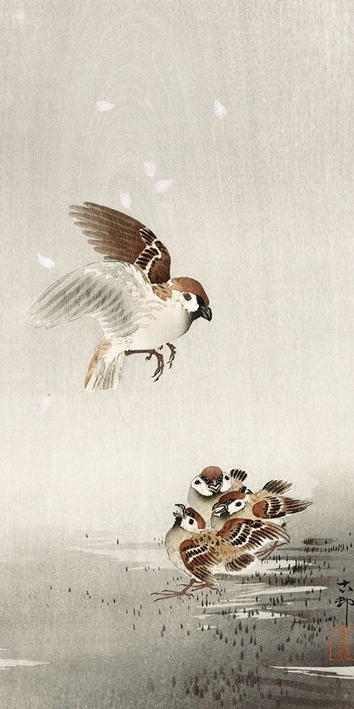Tree sparrow with babies art print by Ohara Koson for $57.95 CAD
