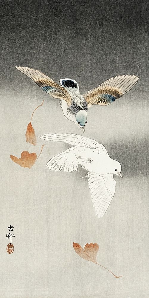 Two pigeons with falling ginkgo leaves art print by Ohara Koson for $57.95 CAD