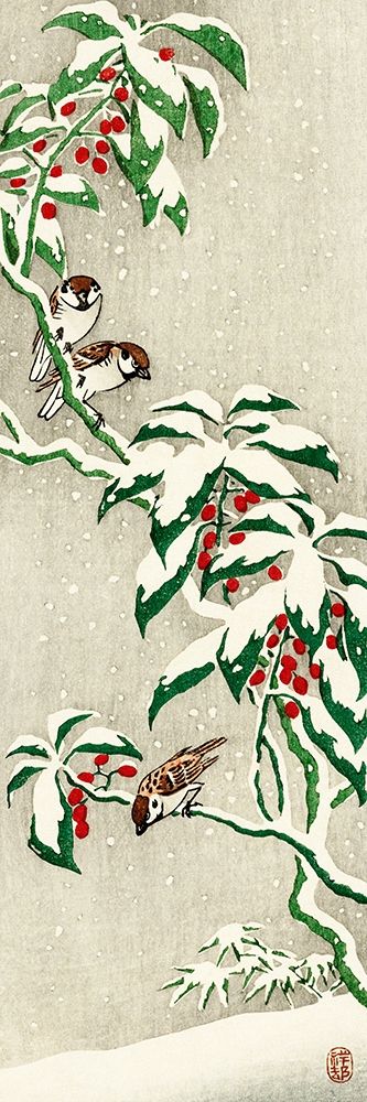 Sparrows on snowy berry bush art print by Ohara Koson for $57.95 CAD