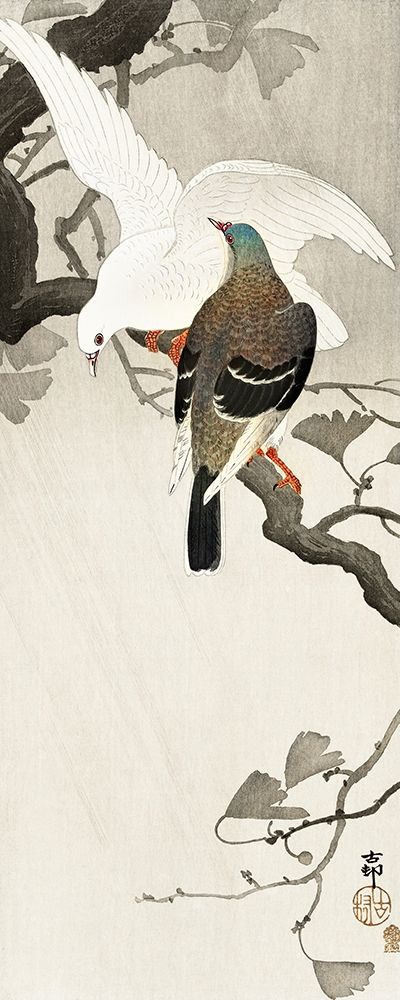 Two pigeons on a branch art print by Ohara Koson for $57.95 CAD