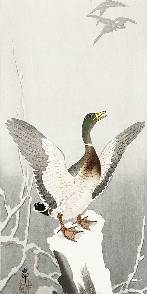 Duck on snowy tree stump art print by Ohara Koson for $57.95 CAD