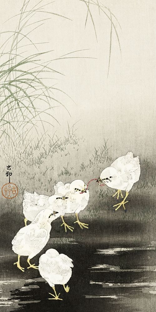 Chicks eating worms art print by Ohara Koson for $57.95 CAD
