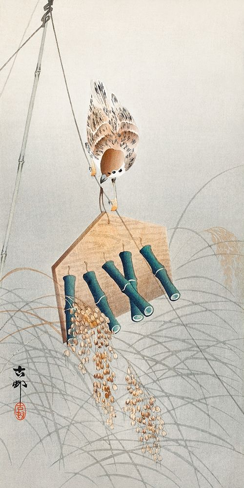 Ring sparrow on scarecrow art print by Ohara Koson for $57.95 CAD