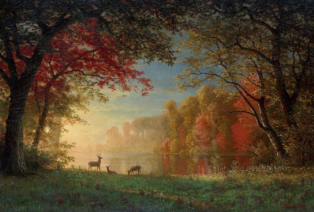 Indian Sunset, Deer by a Lake 1880 art print by Albert Bierstadt for $57.95 CAD