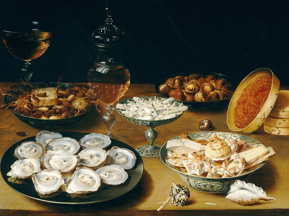 Dishes with Oysters, Fruit, and Wine at Still life art print by Osias Beert for $57.95 CAD