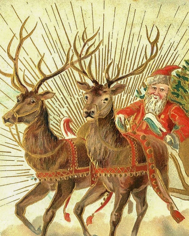 Christmas postcard of Santa Claus and his reindeer art print by New York Souvenir Post Card Company for $57.95 CAD