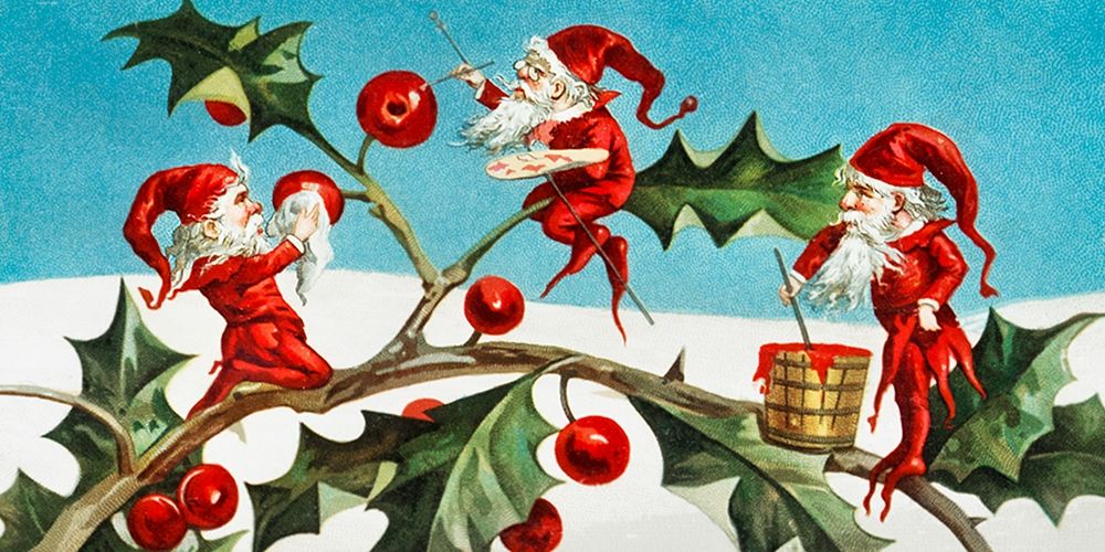 Santa elves painting berries on holly leaves art print by Miriam and Ira D Wallach for $57.95 CAD