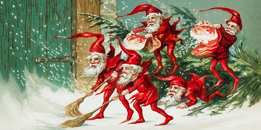 Santa elves sweeping snow art print by Miriam and Ira D Wallach for $57.95 CAD