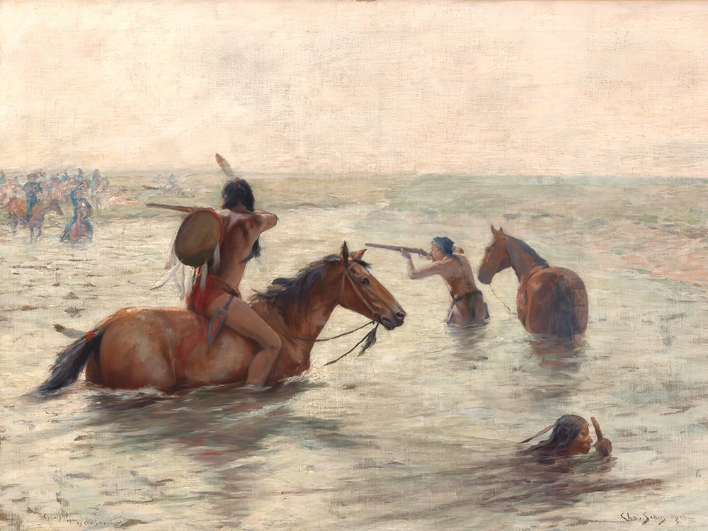 In Retreat Across a Stream art print by Charles Schreyvogel for $57.95 CAD