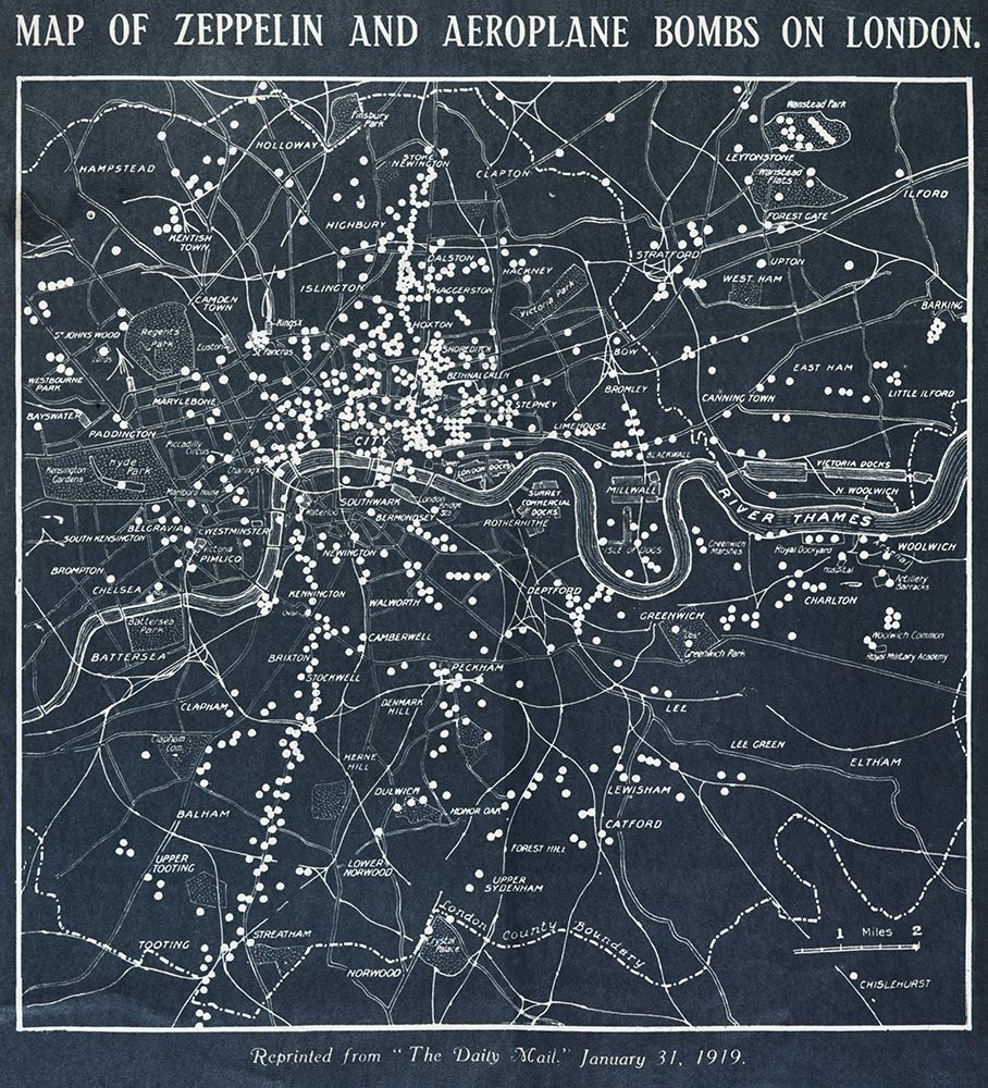 Map of Zeppelin and aeroplane bombs on London art print by World War 1 Photograph for $57.95 CAD