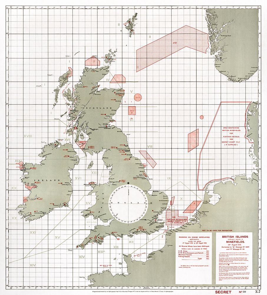 British Islands approximate positions of minefields 1918 art print by William Rea Furlong for $57.95 CAD