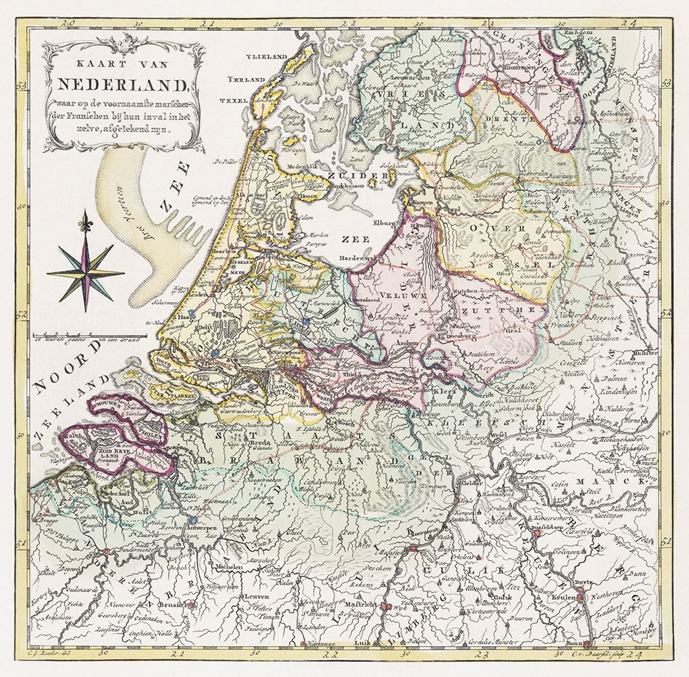 Map of the Netherlands with the marching routes of the French army 1792 art print by Cornelis van Baarsel for $57.95 CAD
