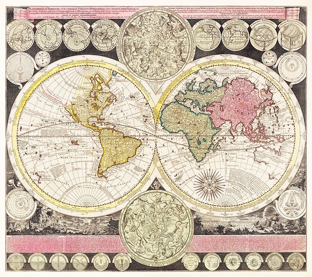 Flat earth globe with the celestial half round 1709 art print by Adam Friedrich Zuerner for $57.95 CAD
