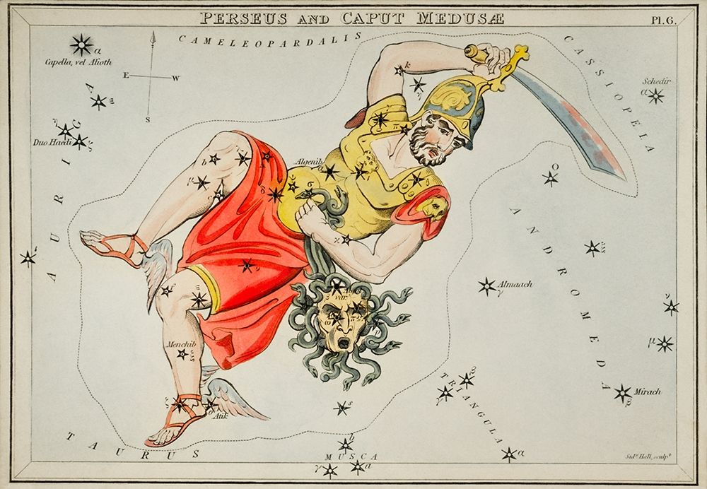 Astronomical chart illustration of the Perseus and the Caput Medusae art print by Sidney Hall for $57.95 CAD