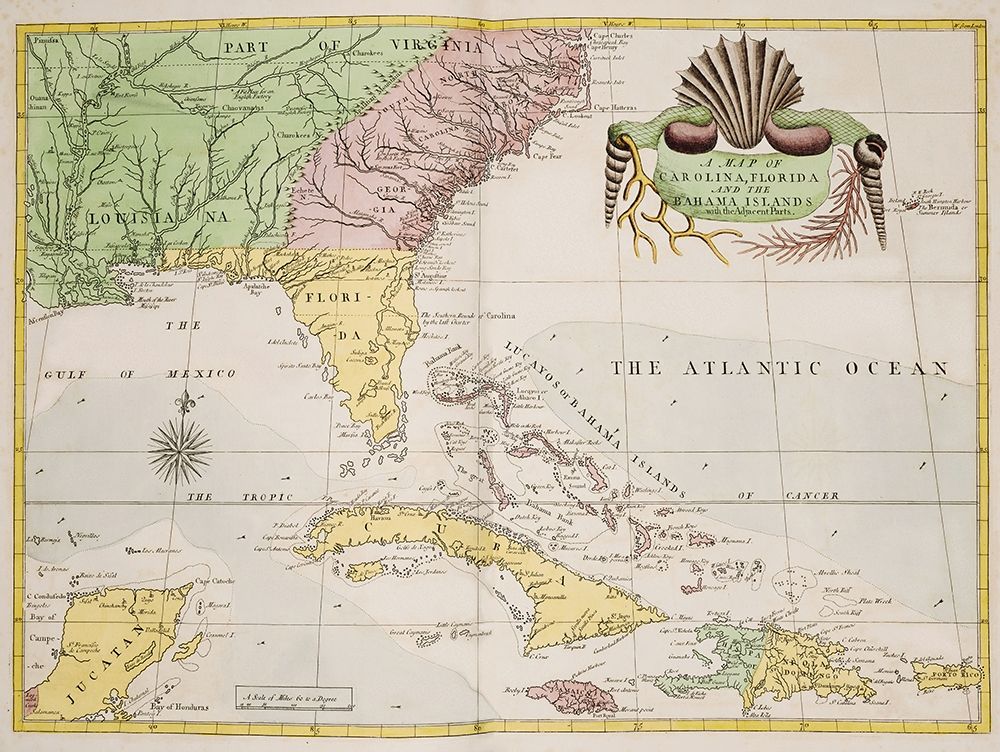 A map of Carolina-Florida and the Bahama Islands 1754 art print by Mark Catesby for $57.95 CAD